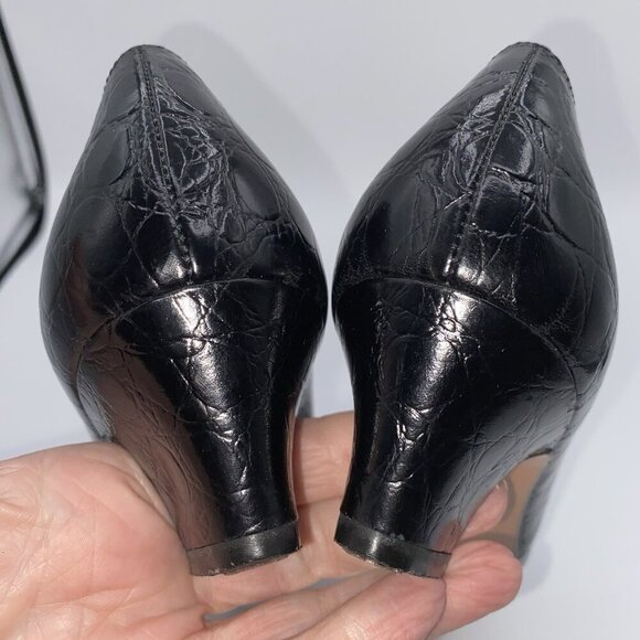 Salvatore Ferragamo Black Leather Croc Print Low Block Heel Slip-On 7.5AA Shoes - Picture 16 of 16